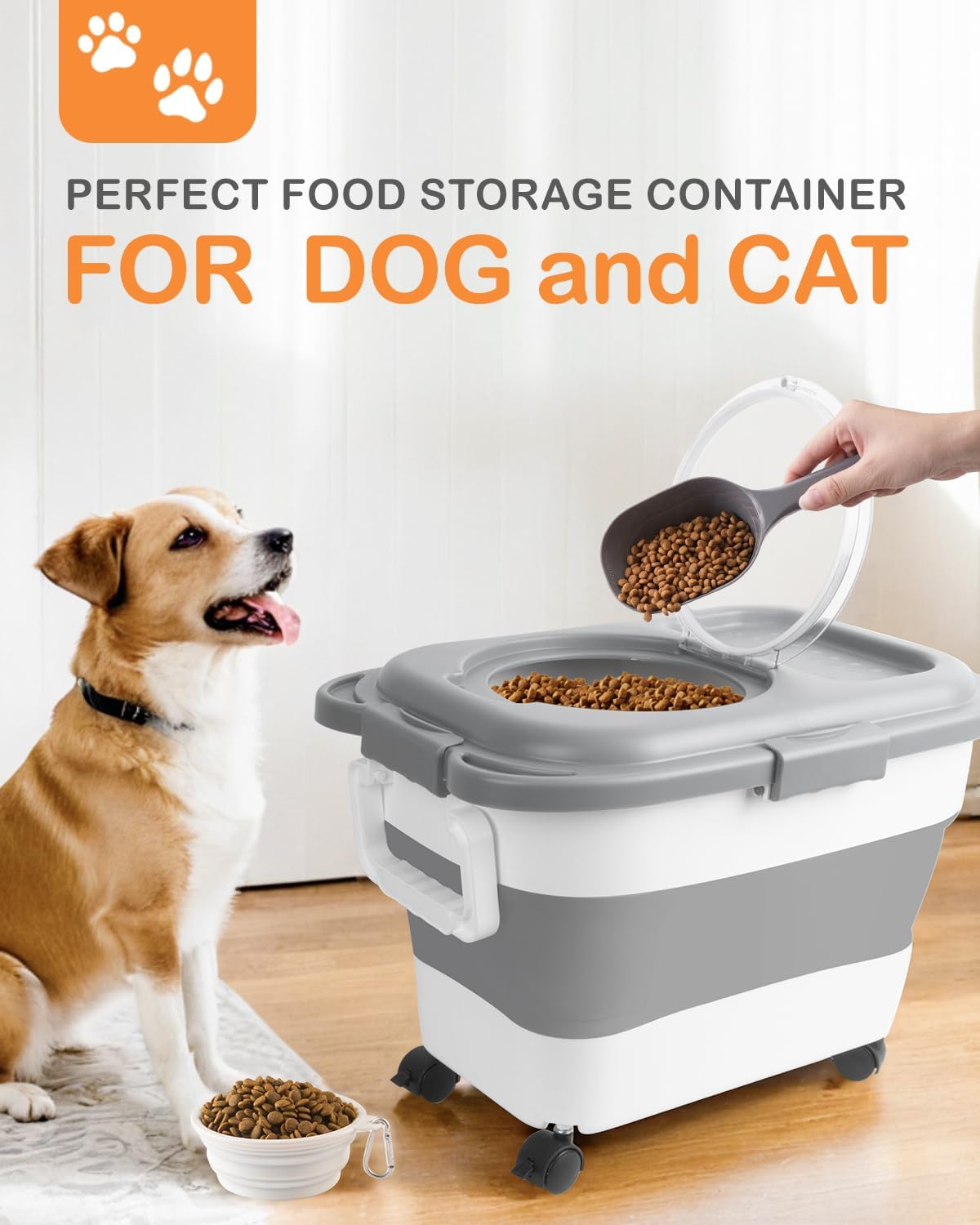 Catfeeders 23-25 Lbs Airtight Dog Food Storage Container,Collapsible Dog Food Container with Lid,Wheels,Handle,Large Pet food storage Container with Scoop,Small Food Container for Pet