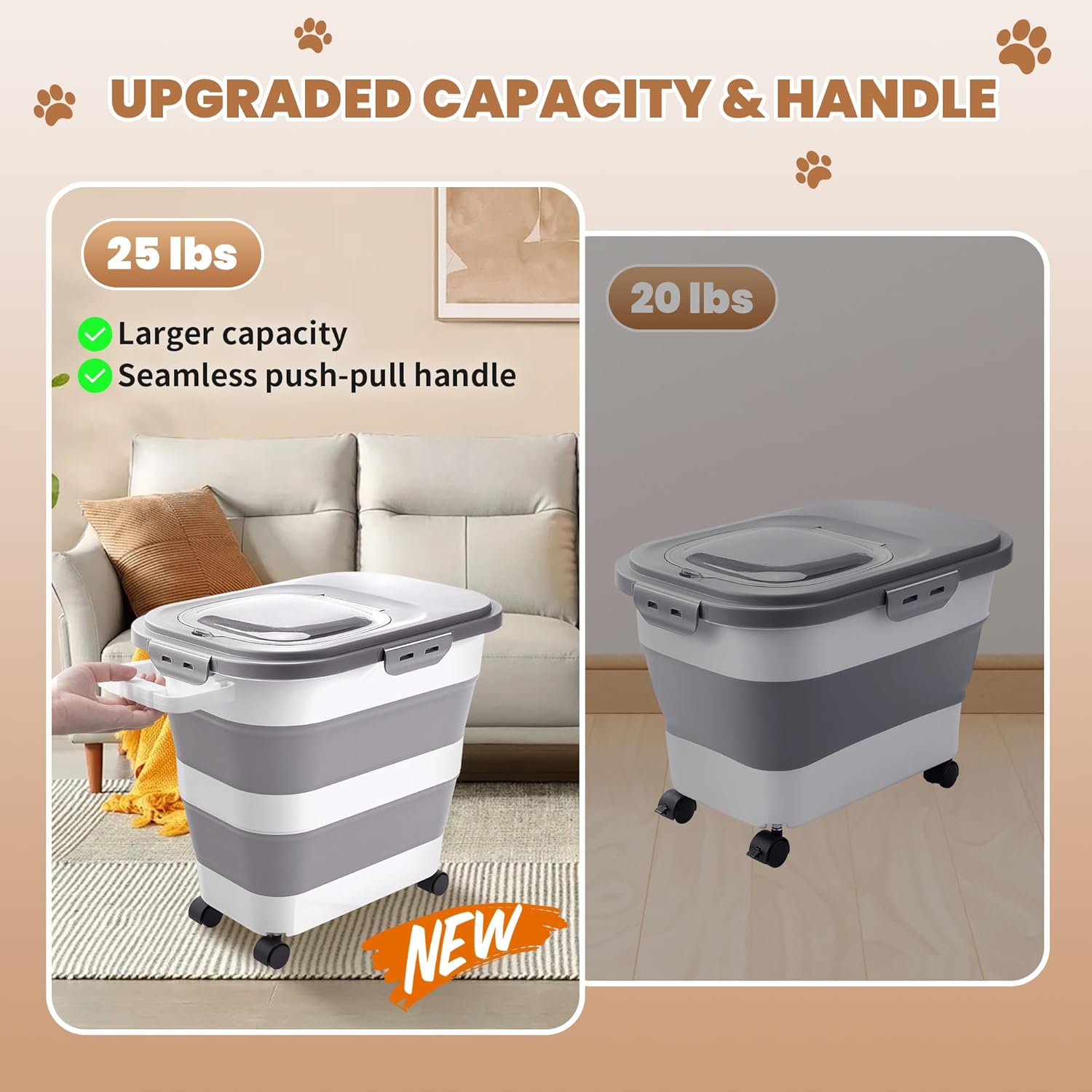 Catfeeders 23-25 Lbs Airtight Dog Food Storage Container,Collapsible Dog Food Container with Lid,Wheels,Handle,Large Pet food storage Container with Scoop,Small Food Container for Pet