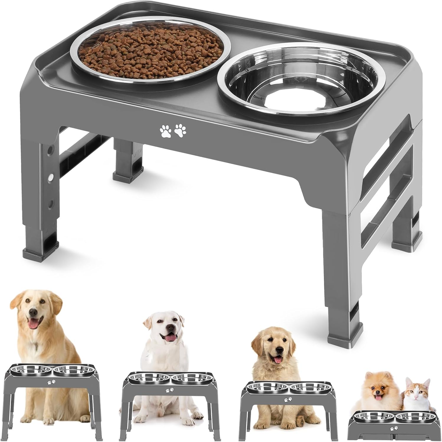COMESOON Dog feeders Raised Dog Bowls, 4 Height Adjustable Elevated Dog Bowls with 2 Thick Stainless Steel 50oz Dog Food Bowls for Large Medium Dogs Adjusts to 3.7", 9.2", 10.75", 12.36"- Black