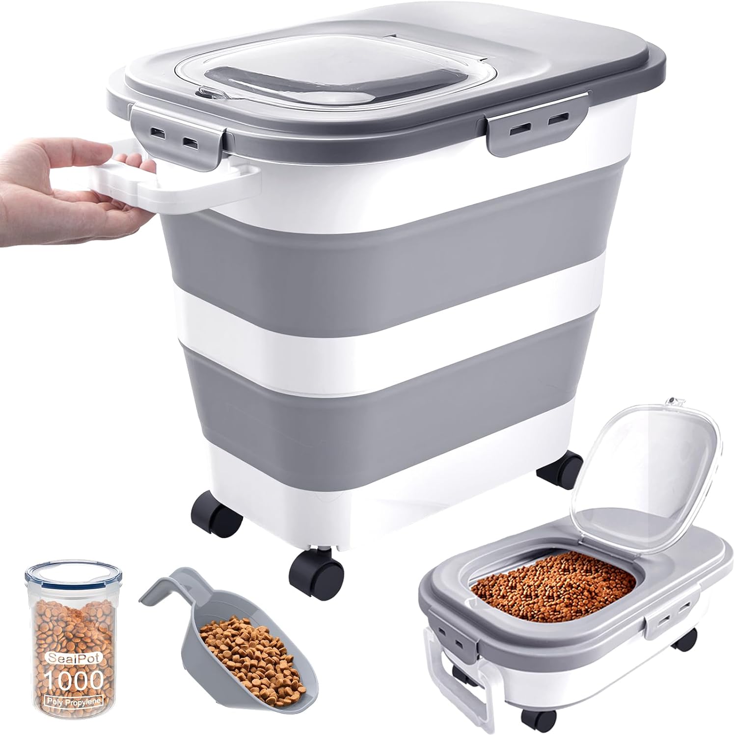 Catfeeders 23-25 Lbs Airtight Dog Food Storage Container,Collapsible Dog Food Container with Lid,Wheels,Handle,Large Pet food storage Container with Scoop,Small Food Container for Pet