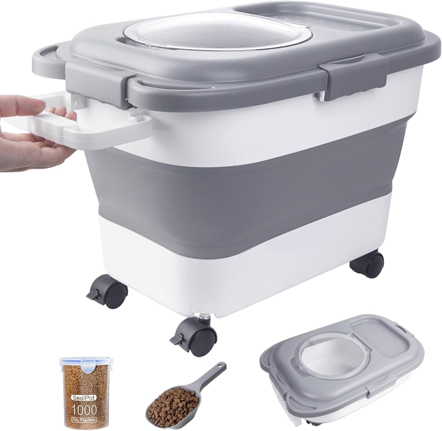 Catfeeders 23-25 Lbs Airtight Dog Food Storage Container,Collapsible Dog Food Container with Lid,Wheels,Handle,Large Pet food storage Container with Scoop,Small Food Container for Pet