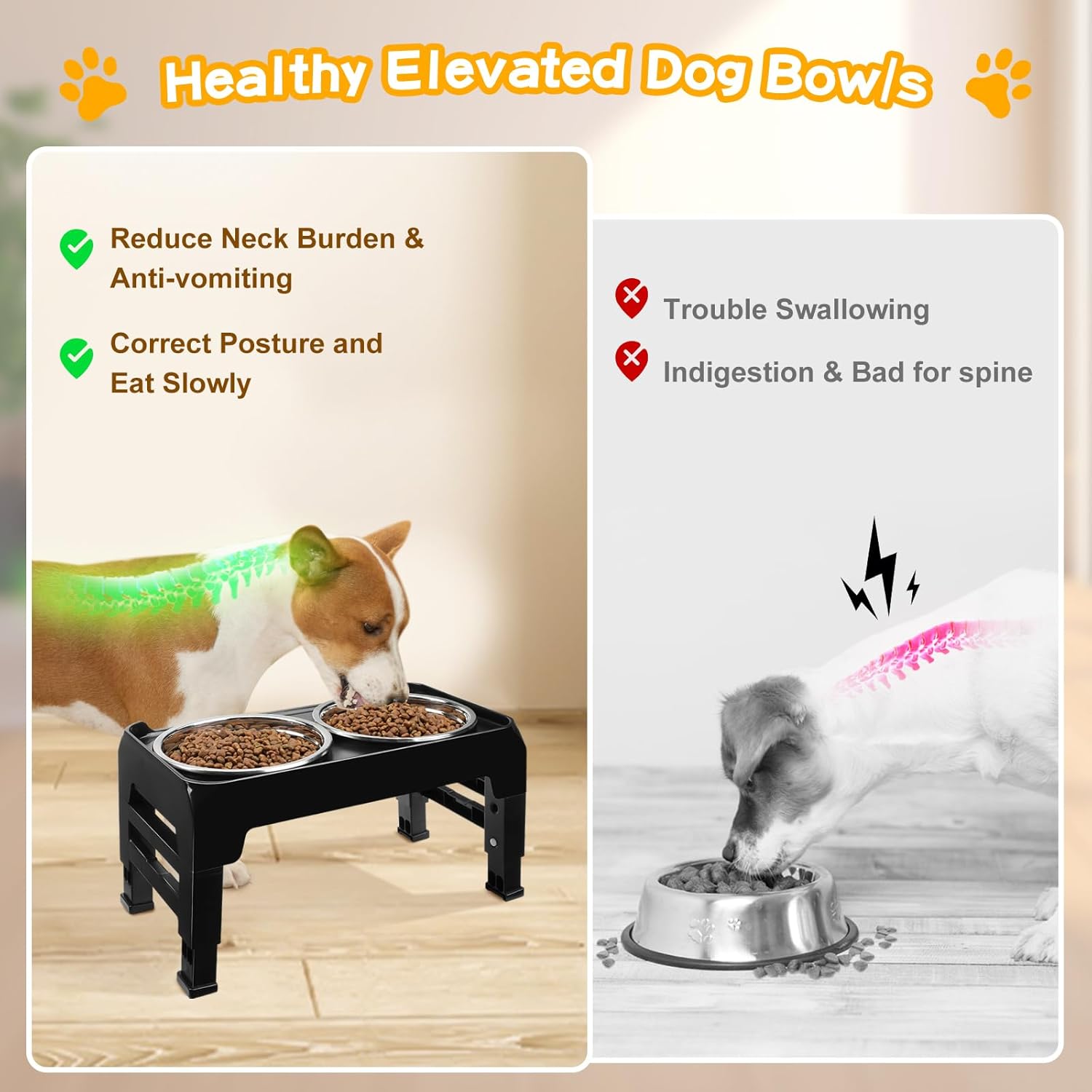 COMESOON Dog feeders Raised Dog Bowls, 4 Height Adjustable Elevated Dog Bowls with 2 Thick Stainless Steel 50oz Dog Food Bowls for Large Medium Dogs Adjusts to 3.7", 9.2", 10.75", 12.36"- Black