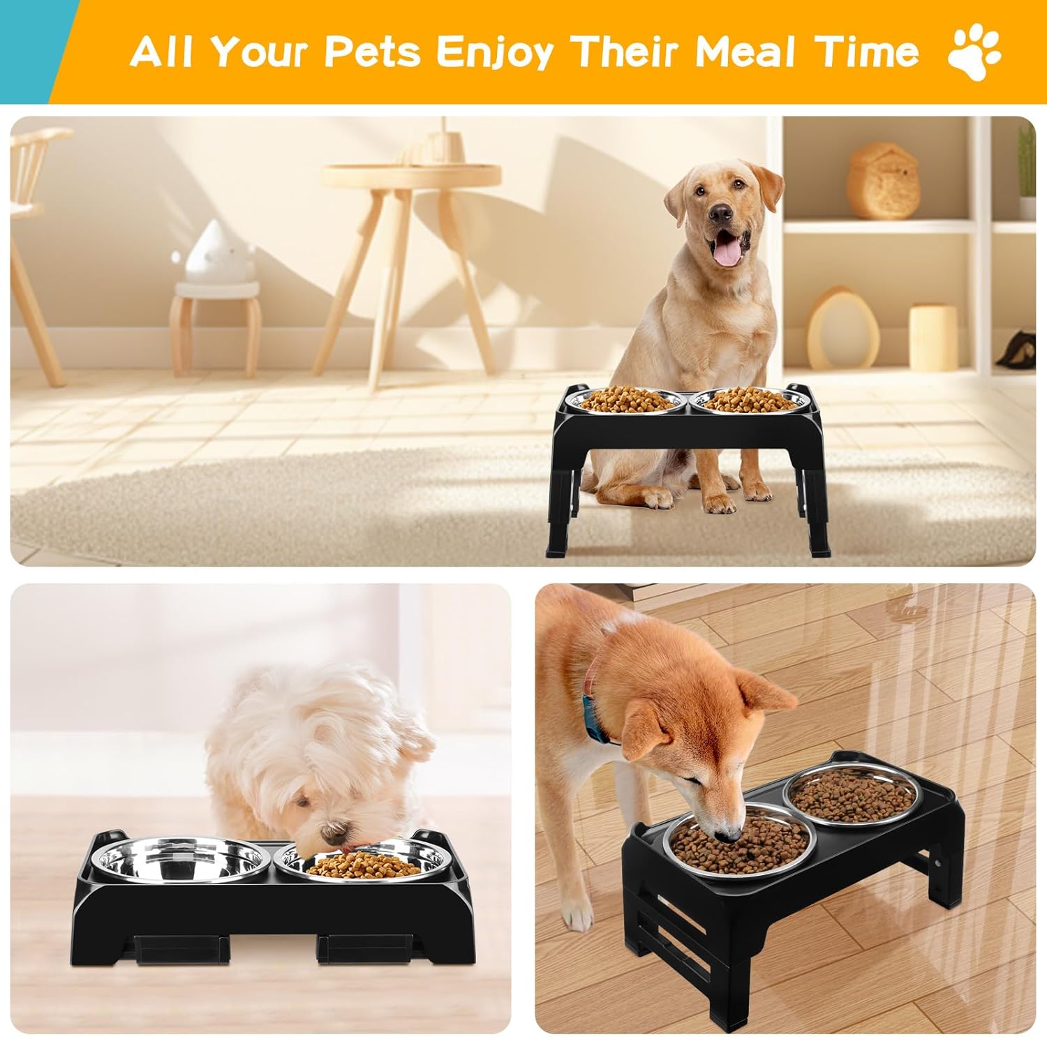 COMESOON Dog feeders Raised Dog Bowls, 4 Height Adjustable Elevated Dog Bowls with 2 Thick Stainless Steel 50oz Dog Food Bowls for Large Medium Dogs Adjusts to 3.7", 9.2", 10.75", 12.36"- Black