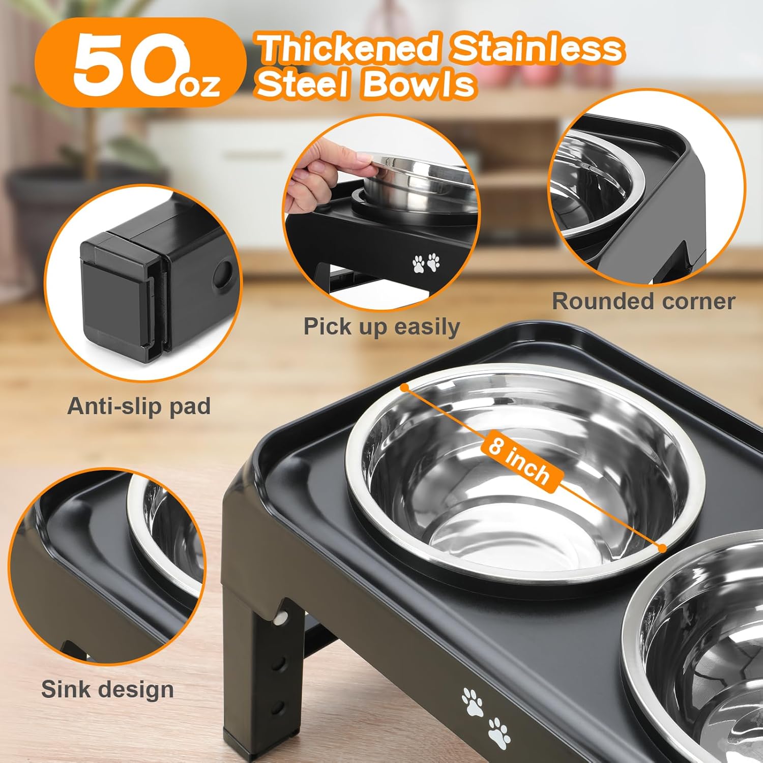 COMESOON Dog feeders Raised Dog Bowls, 4 Height Adjustable Elevated Dog Bowls with 2 Thick Stainless Steel 50oz Dog Food Bowls for Large Medium Dogs Adjusts to 3.7", 9.2", 10.75", 12.36"- Black