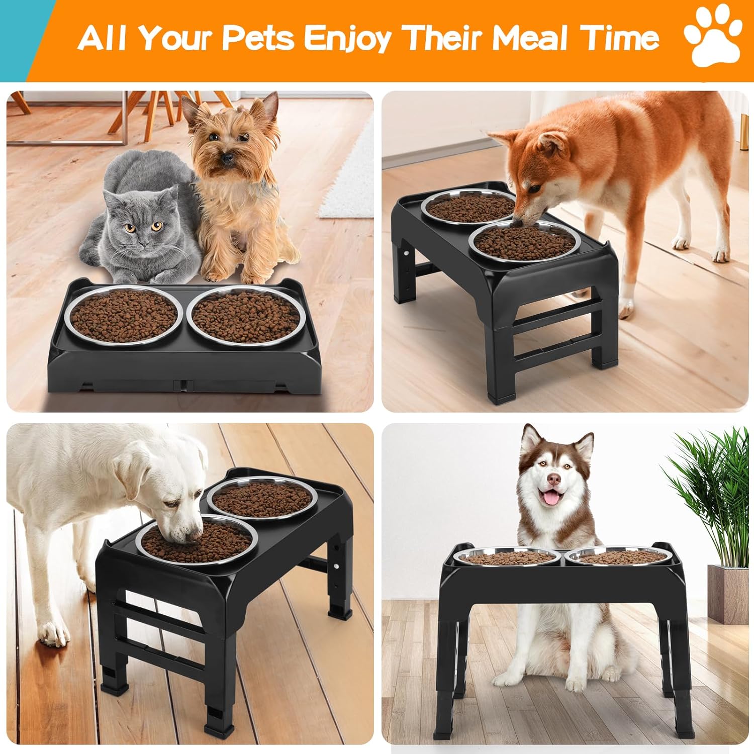 COMESOON Dog feeders Raised Dog Bowls, 4 Height Adjustable Elevated Dog Bowls with 2 Thick Stainless Steel 50oz Dog Food Bowls for Large Medium Dogs Adjusts to 3.7", 9.2", 10.75", 12.36"- Black
