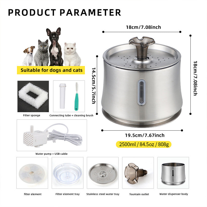 New Smart Silent Pet Water Fountain Stainless Steel Cat Dog Automatic Drinking Dispenser with Circulating Flow
