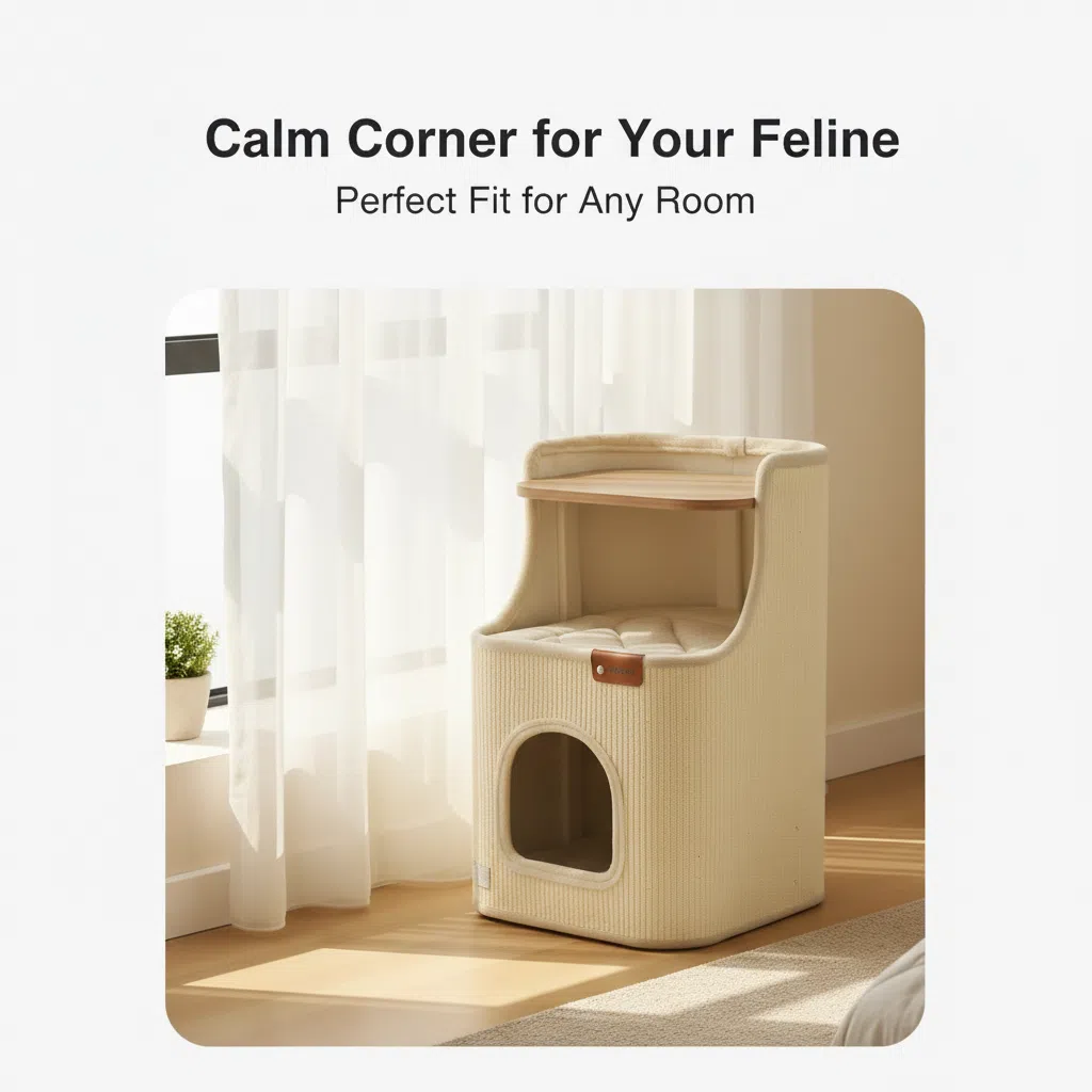 Space Saving Cat Tree with Scratching Post and Cozy Cat Bed All in One for Small Homes Year Round Use