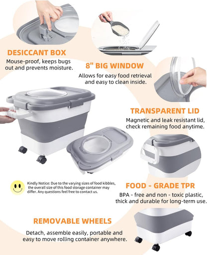 Catfeeders 23-25 Lbs Airtight Dog Food Storage Container,Collapsible Dog Food Container with Lid,Wheels,Handle,Large Pet food storage Container with Scoop,Small Food Container for Pet