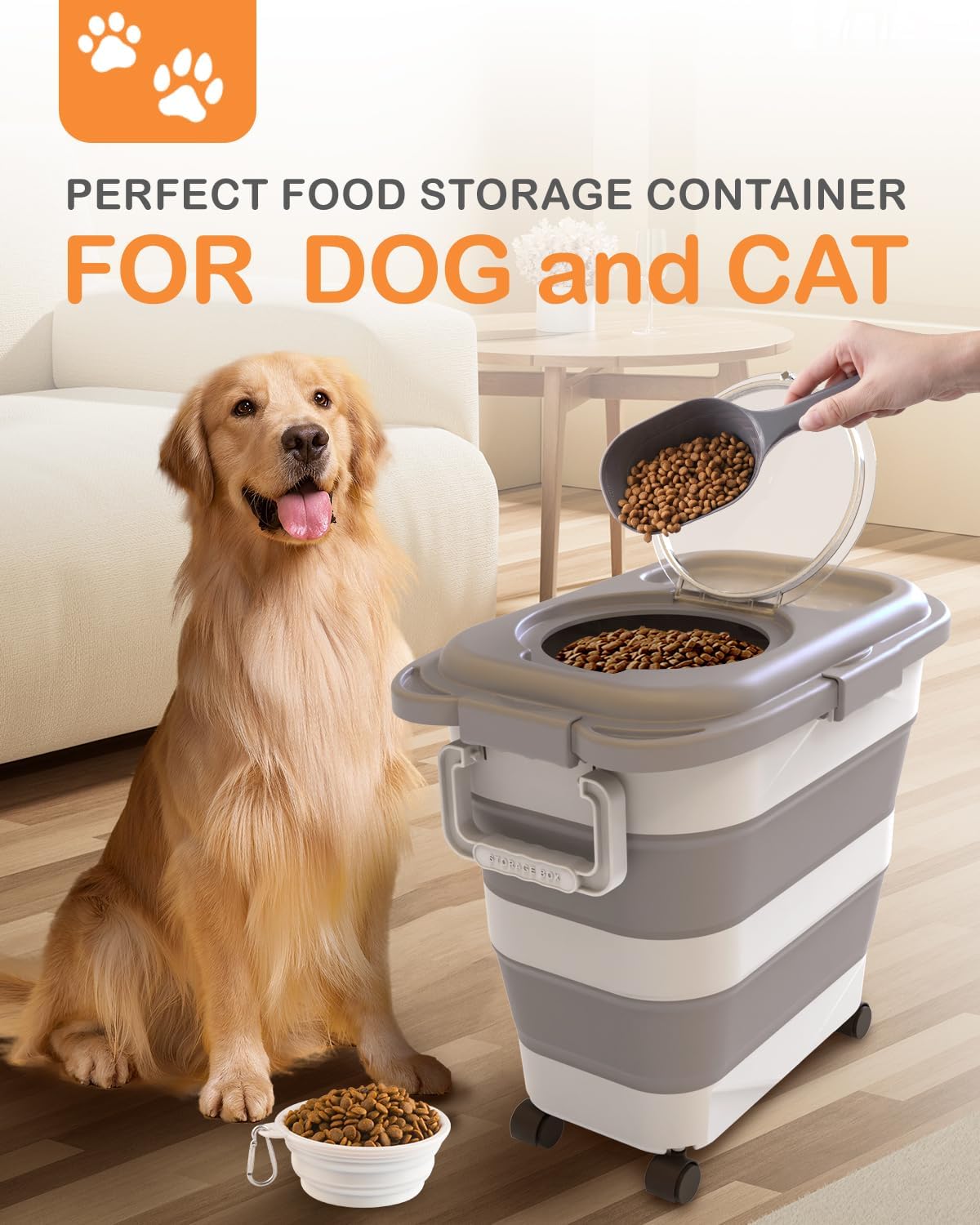 Catfeeders 23-25 Lbs Airtight Dog Food Storage Container,Collapsible Dog Food Container with Lid,Wheels,Handle,Large Pet food storage Container with Scoop,Small Food Container for Pet