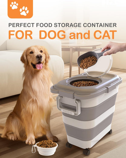 Catfeeders 23-25 Lbs Airtight Dog Food Storage Container,Collapsible Dog Food Container with Lid,Wheels,Handle,Large Pet food storage Container with Scoop,Small Food Container for Pet