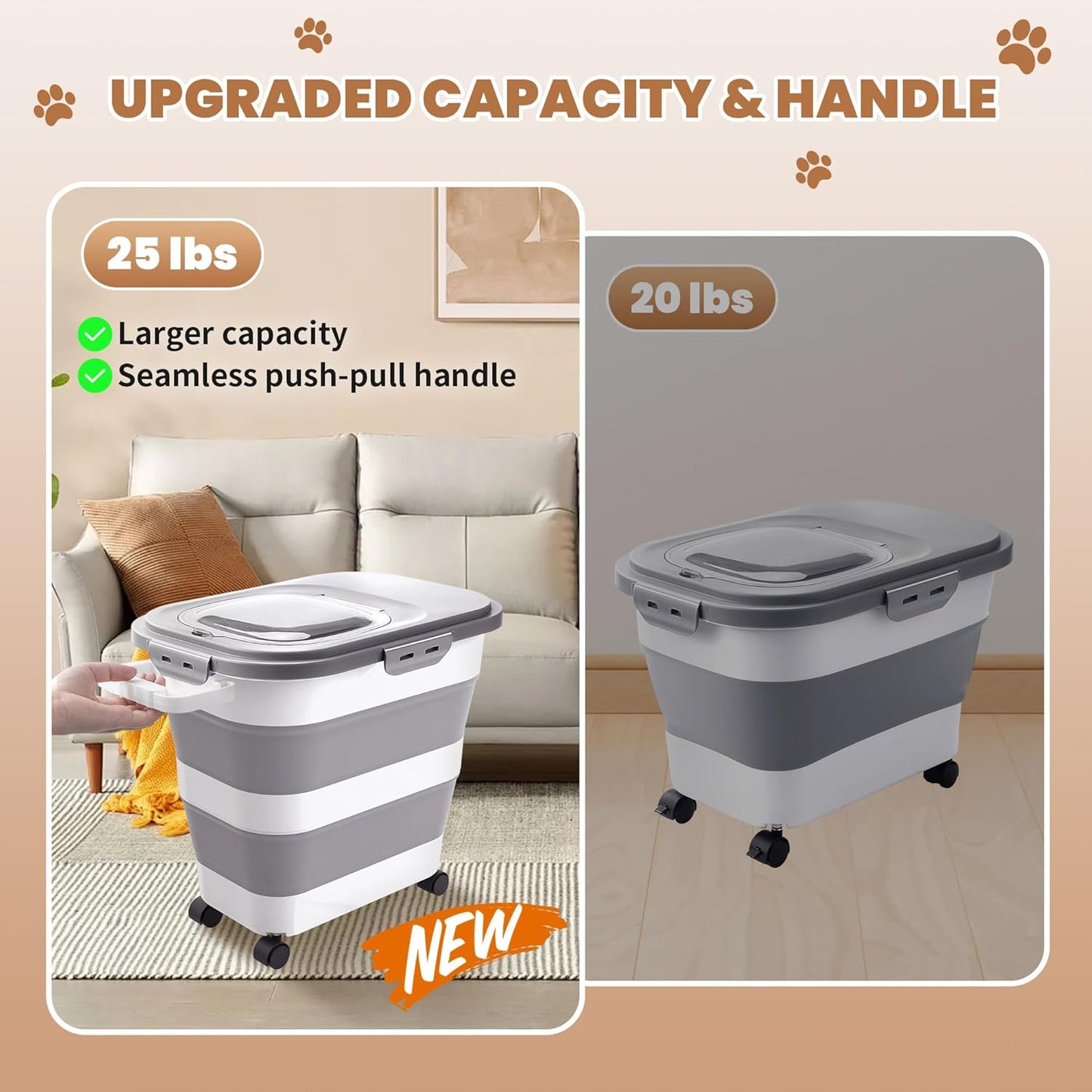 Catfeeders 23-25 Lbs Airtight Dog Food Storage Container,Collapsible Dog Food Container with Lid,Wheels,Handle,Large Pet food storage Container with Scoop,Small Food Container for Pet