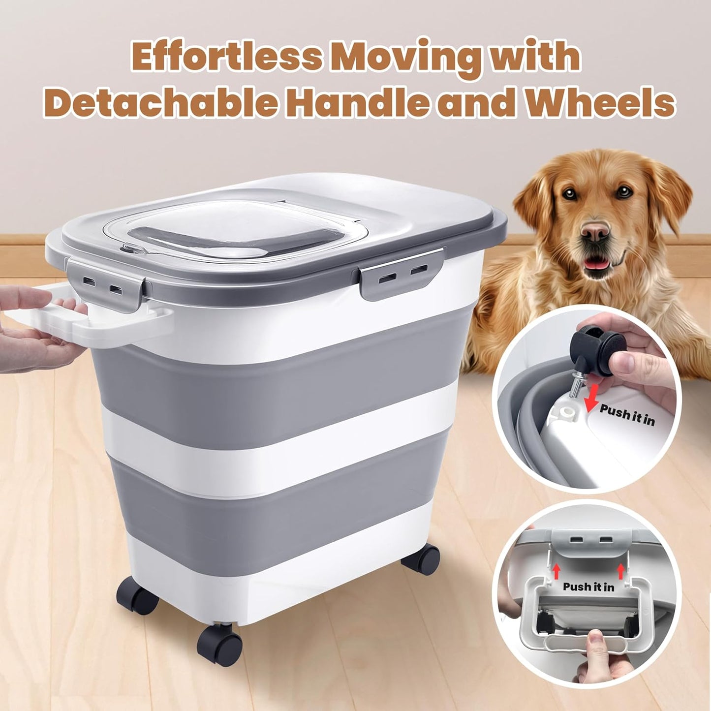 Catfeeders 23-25 Lbs Airtight Dog Food Storage Container,Collapsible Dog Food Container with Lid,Wheels,Handle,Large Pet food storage Container with Scoop,Small Food Container for Pet