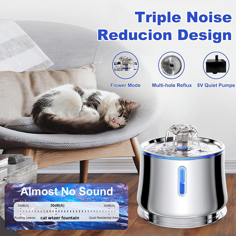 2025 New Smart Silent Pet Water Fountain Stainless Steel Cat Dog Automatic Drinking Dispenser with Circulating Flow