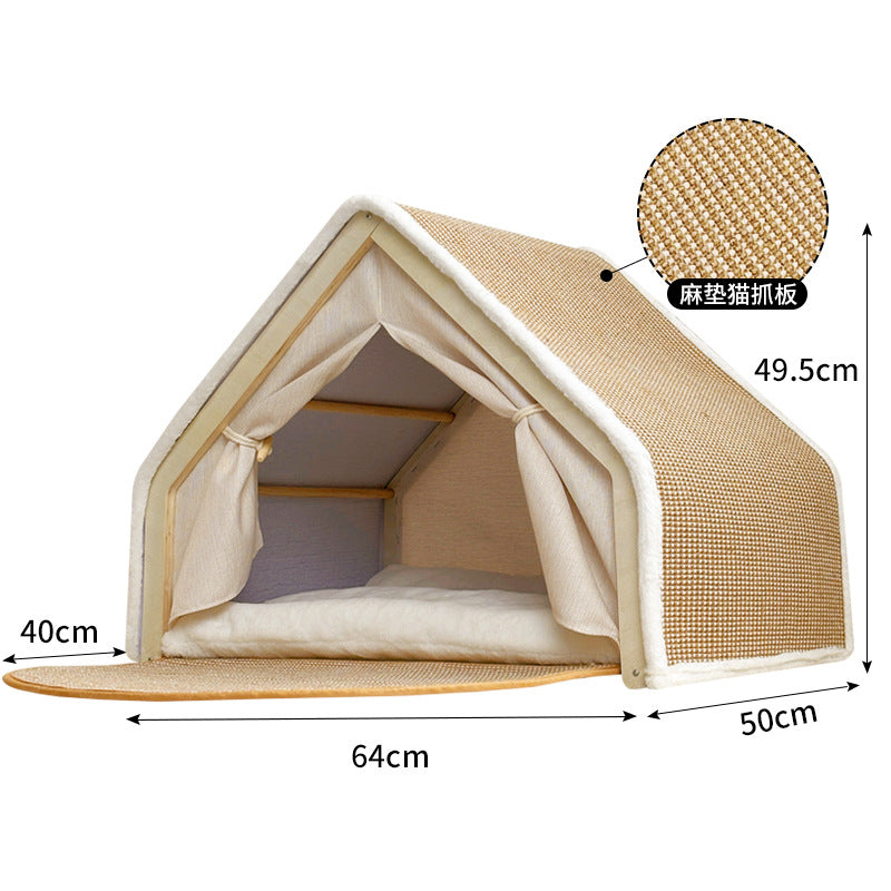 Cozy Cat Bed All Season Semi Enclosed Cat House with Scratching Board and Tent for Indoor Cats