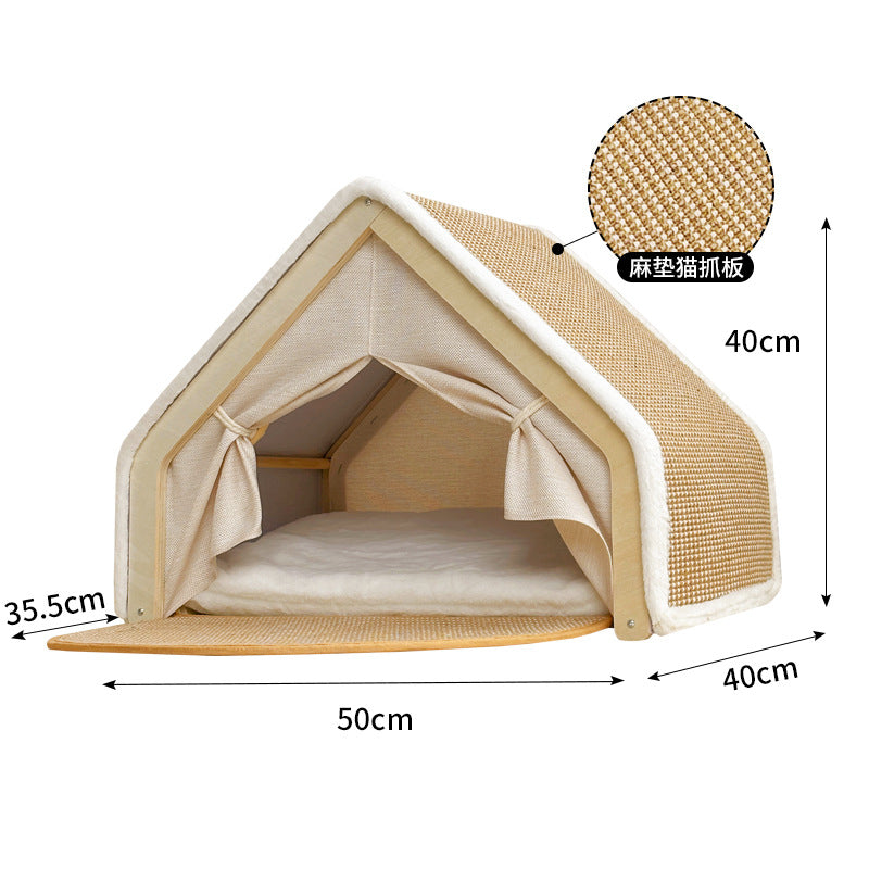 Cozy Cat Bed All Season Semi Enclosed Cat House with Scratching Board and Tent for Indoor Cats