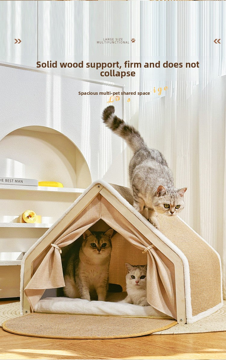 Cozy Cat Bed All Season Semi Enclosed Cat House with Scratching Board and Tent for Indoor Cats