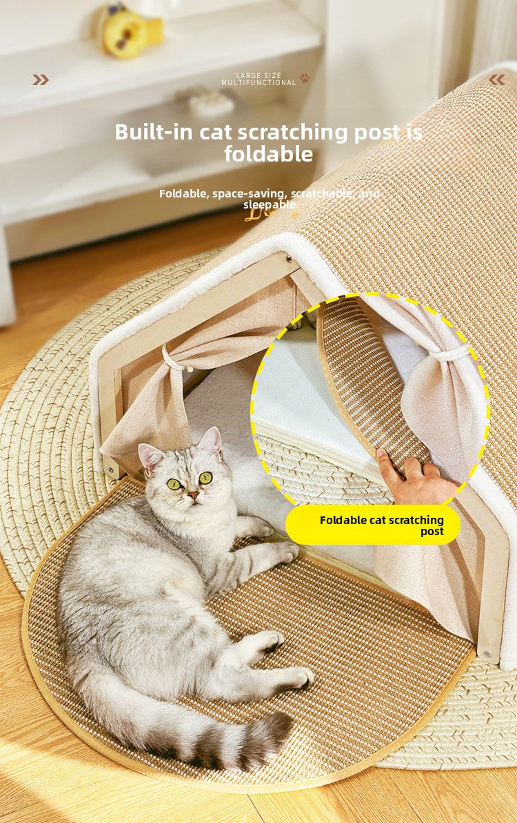 Cozy Cat Bed All Season Semi Enclosed Cat House with Scratching Board and Tent for Indoor Cats