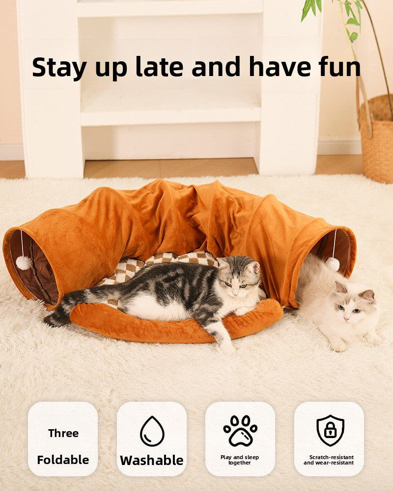 Washable Pet Bed Cat Tunnel with Toys Breathable for All Seasons Cat House and Play Tunnel