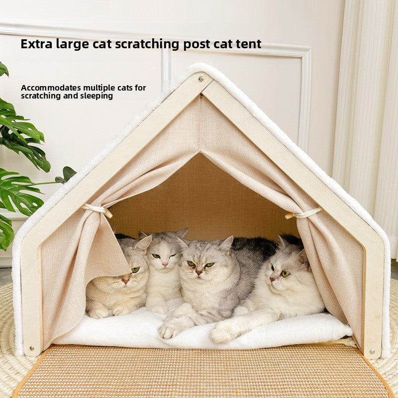 Cozy Cat Bed All Season Semi Enclosed Cat House with Scratching Board and Tent for Indoor Cats