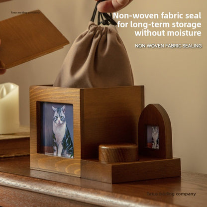 Natural Wood Pet Urn with Photo Frame Cremation Memorial for Cats Dogs Pet Funeral Supplies
