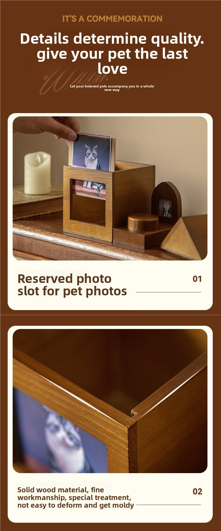 Natural Wood Pet Urn with Photo Frame Cremation Memorial for Cats Dogs Pet Funeral Supplies