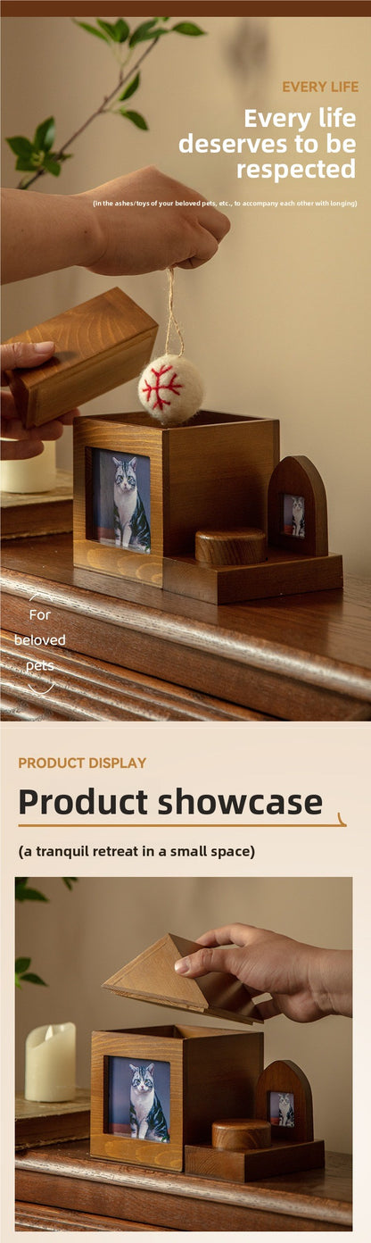 Natural Wood Pet Urn with Photo Frame Cremation Memorial for Cats Dogs Pet Funeral Supplies