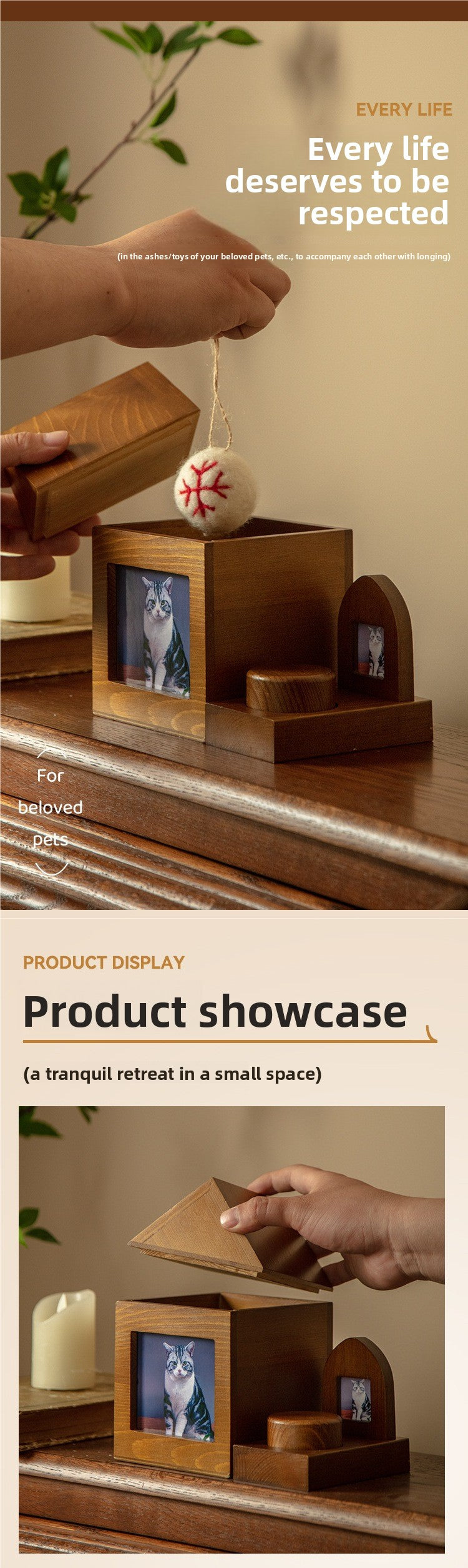 Natural Wood Pet Urn with Photo Frame Cremation Memorial for Cats Dogs Pet Funeral Supplies