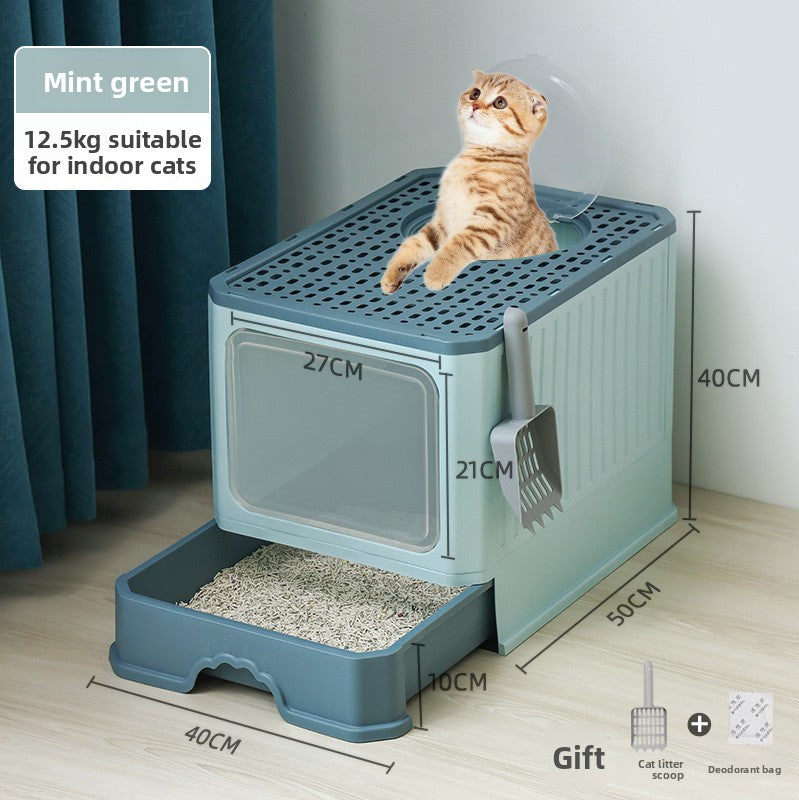 Large Enclosed Foldable Cat Litter Box with Drawer Odor Control and Anti Splash Design