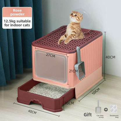 Large Enclosed Foldable Cat Litter Box with Drawer Odor Control and Anti Splash Design