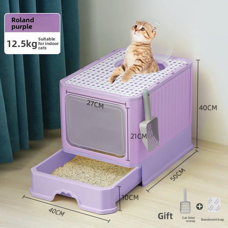 Large Enclosed Foldable Cat Litter Box with Drawer Odor Control and Anti Splash Design