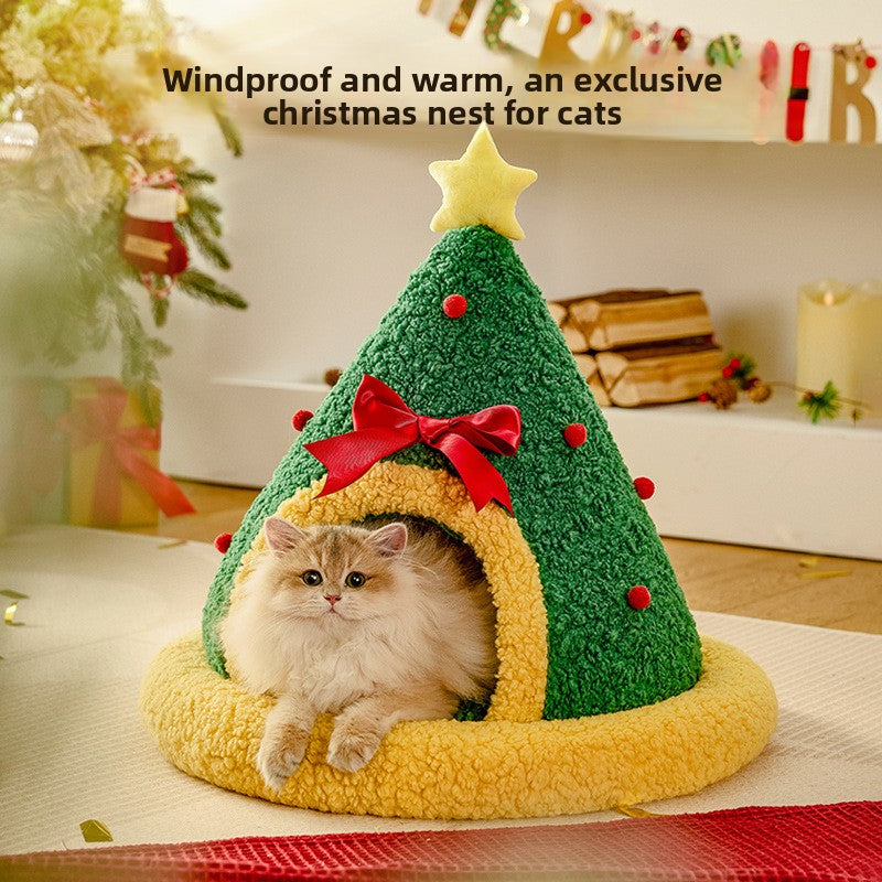 Christmas Tree Cat Nest Warm Winter Pet Bed Semi Enclosed Cozy Sleeping Spot for Cats