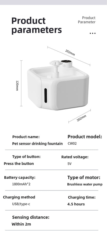 Automatic Pet Water Dispenser Wireless Smart Fountain for Cats and Dogs with Filter
