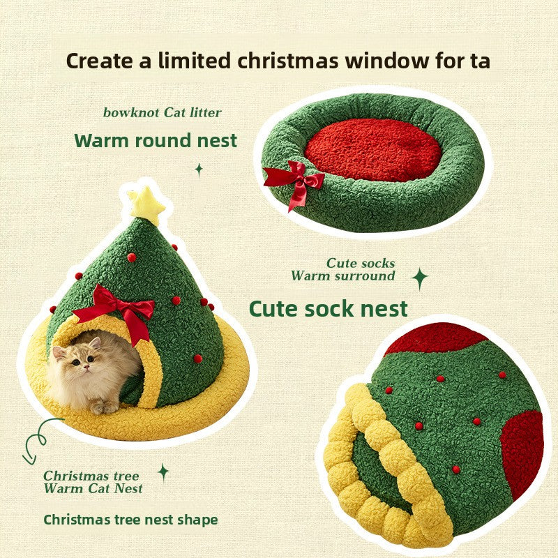 Christmas Tree Cat Nest Warm Winter Pet Bed Semi Enclosed Cozy Sleeping Spot for Cats