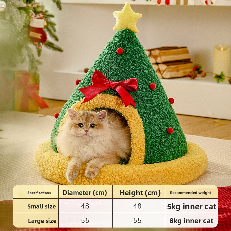 Christmas Tree Cat Nest Warm Winter Pet Bed Semi Enclosed Cozy Sleeping Spot for Cats