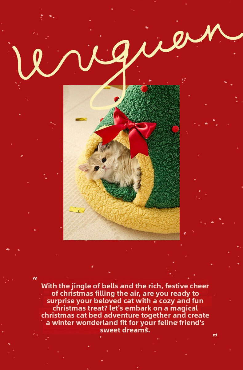 Christmas Tree Cat Nest Warm Winter Pet Bed Semi Enclosed Cozy Sleeping Spot for Cats