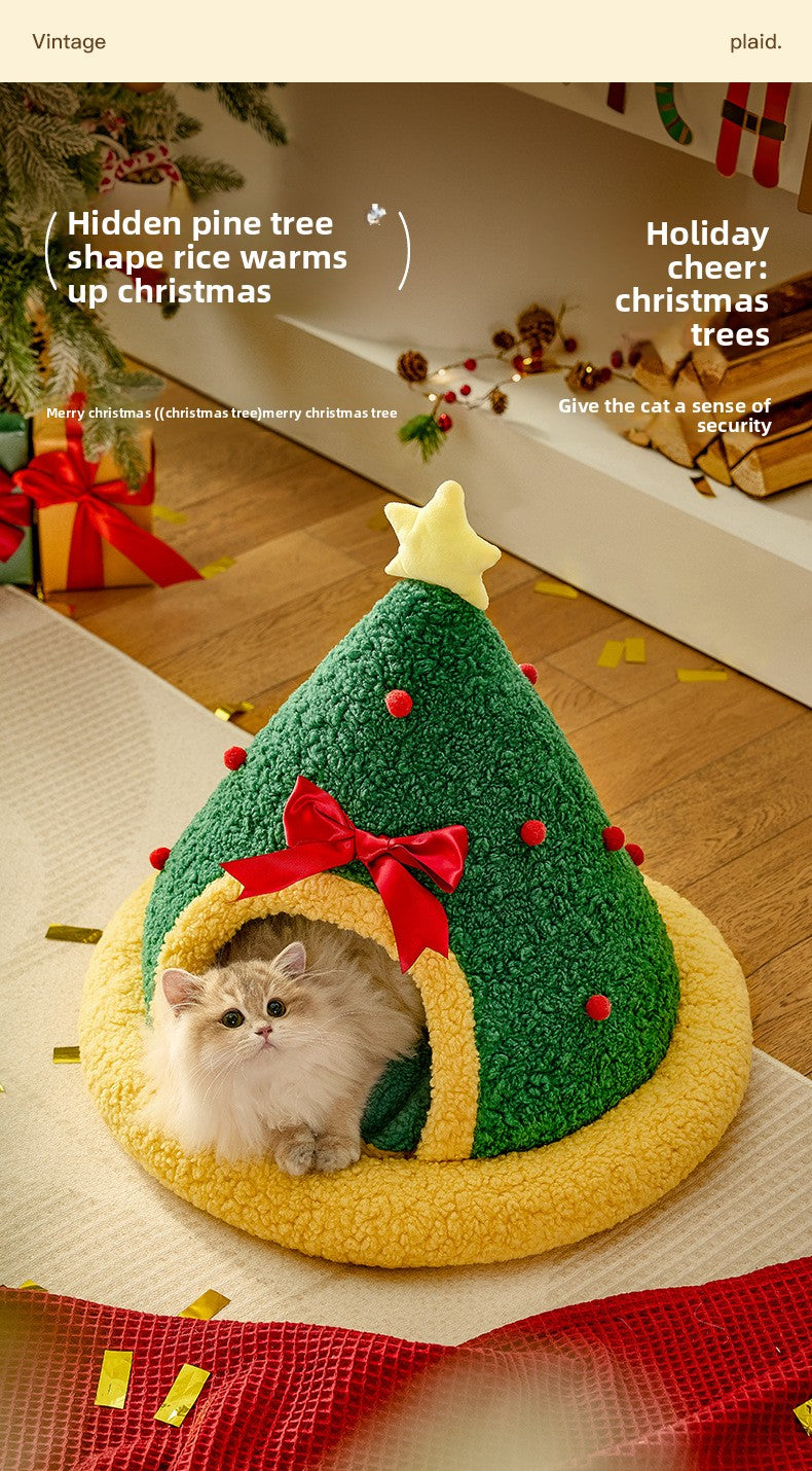 Christmas Tree Cat Nest Warm Winter Pet Bed Semi Enclosed Cozy Sleeping Spot for Cats
