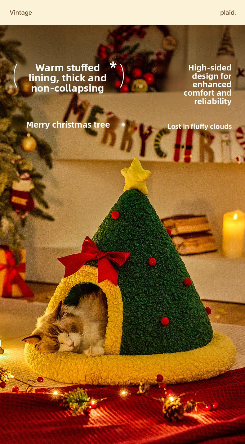 Christmas Tree Cat Nest Warm Winter Pet Bed Semi Enclosed Cozy Sleeping Spot for Cats