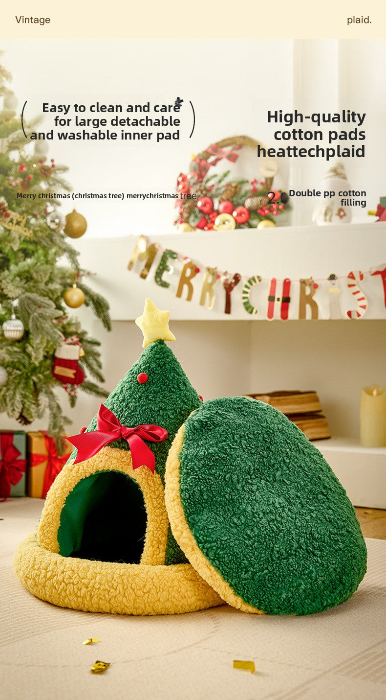 Christmas Tree Cat Nest Warm Winter Pet Bed Semi Enclosed Cozy Sleeping Spot for Cats